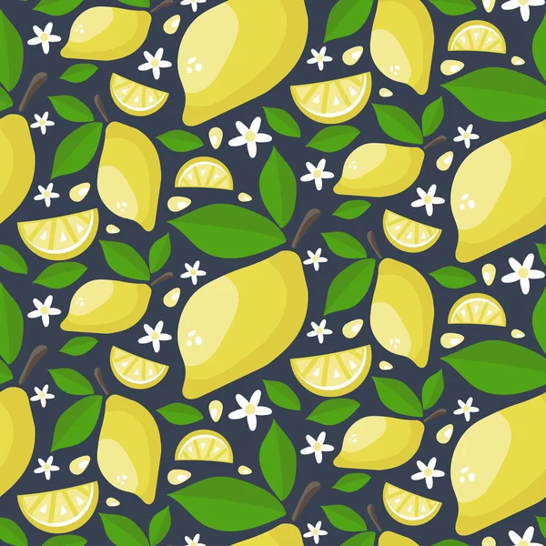 Бесшовный рисунок спелых сочных лимонов с листьями и цветами. C — стоковый вектор