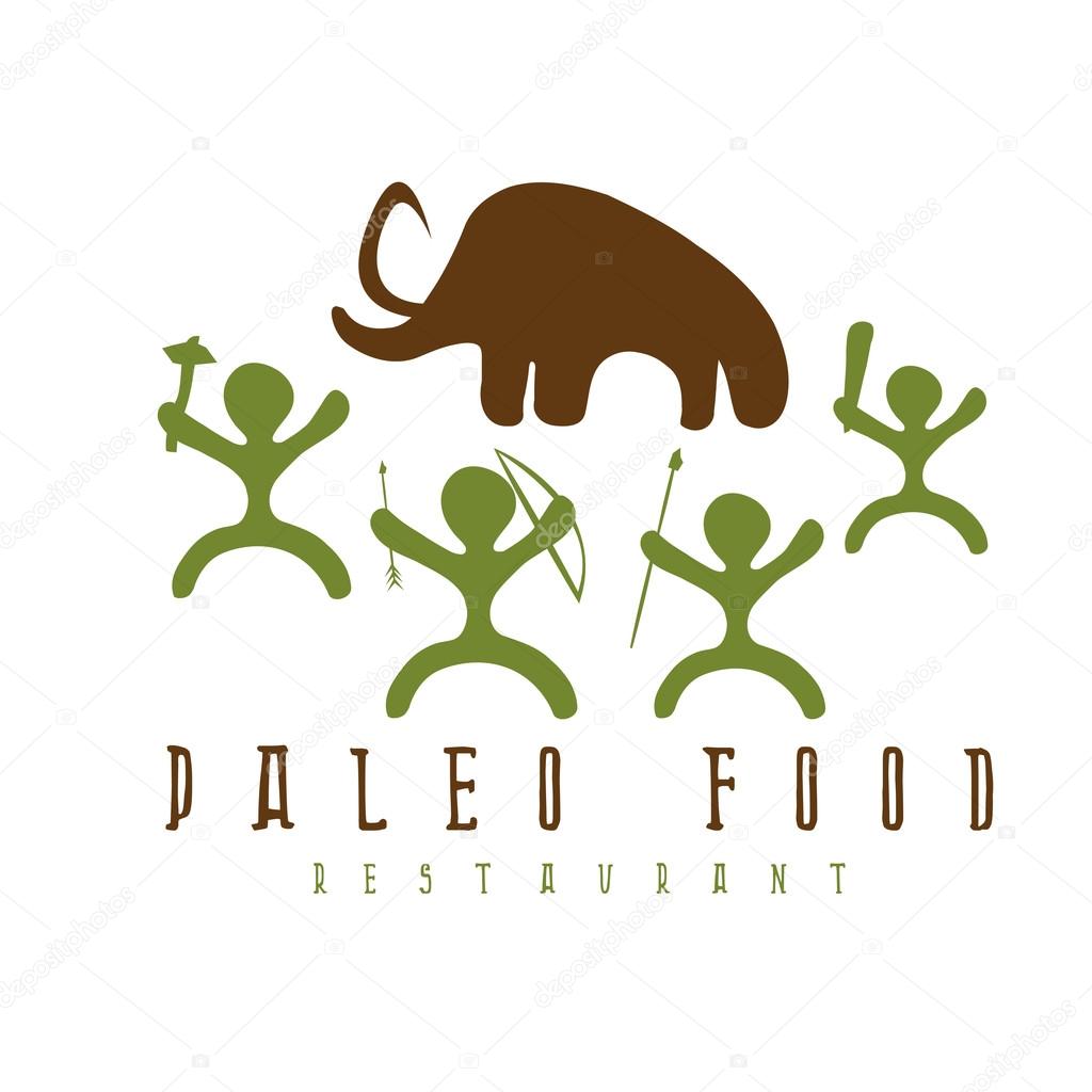 Paleo food vector illustration with mammoth and cavemans
