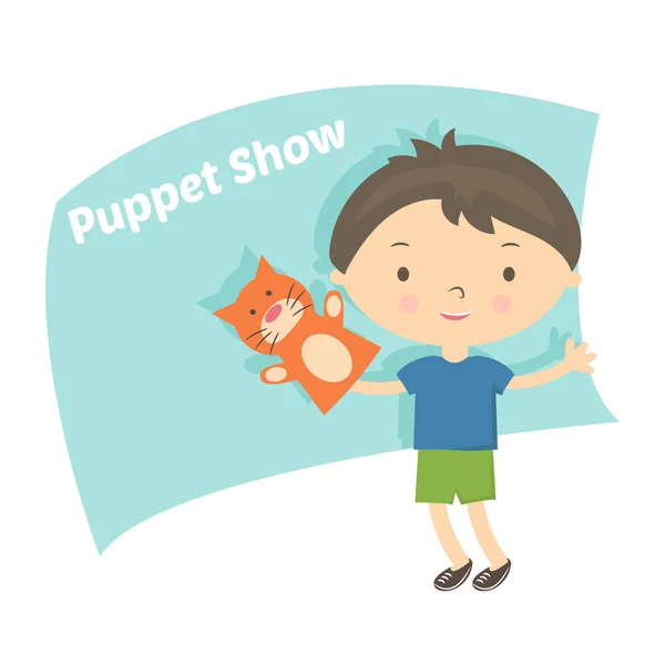 Illustration small boy with hand puppet toy. Vector — Stock Vector