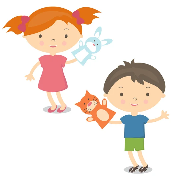 Illustration small kids with hand puppet toy. Vector — Stock Vector