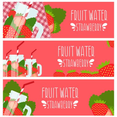 Afiş strawbe mason kavanoza parlak meyve su ile ayarla