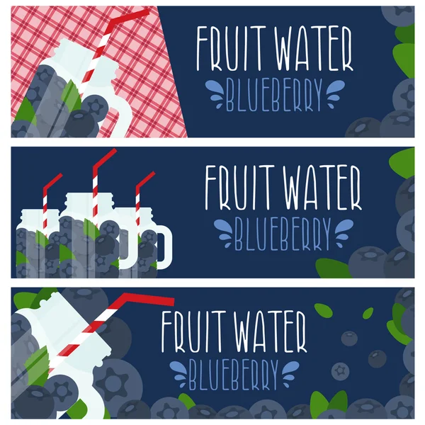 Set de pancartas con agua de fruta brillante en tarro de albañil con blueber — Vector de stock