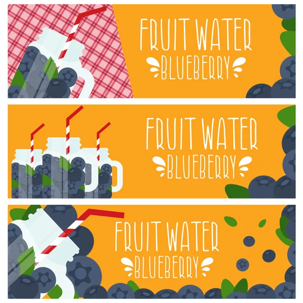 Set de pancartas con agua de fruta brillante en tarro de albañil con blueber — Vector de stock