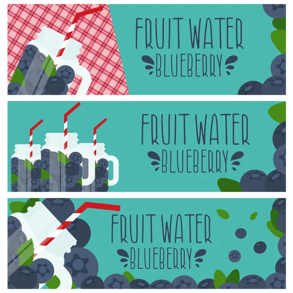 Set de pancartas con agua de fruta brillante en tarro de albañil con blueber — Vector de stock