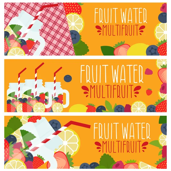 Set van banners met lichte groenten water in mason jar met strawbe — Stockvector