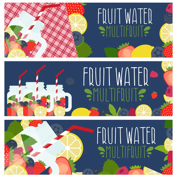 Set van banners met lichte groenten water in mason jar met strawbe — Stockvector