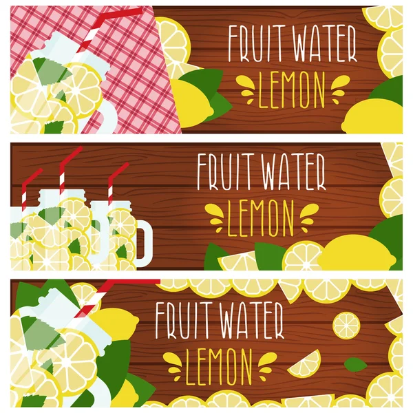 Conjunto de pancartas con agua de fruta brillante en tarro de albañil con limones — Archivo Imágenes Vectoriales