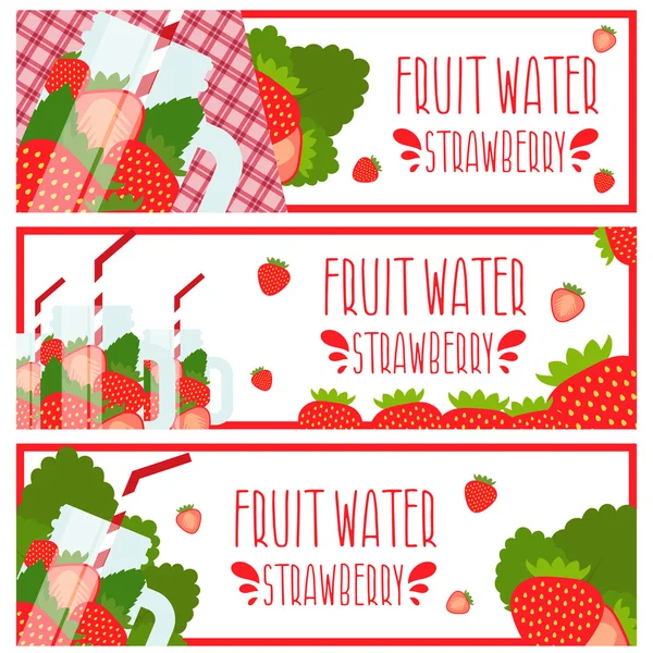 Set van banners met lichte groenten water in mason jar met strawbe — Stockvector