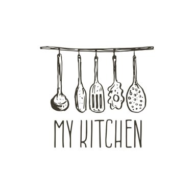 Ute ile temalı mutfak için konsept el çizilmiş logo illüstrasyon