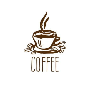 Kahve fincanı ile elle çizilmiş logo. Vektör çizimi