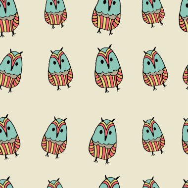 Sevimli komik el baykuş çizilmiş ile Dikişsiz desen. Vektör illustr