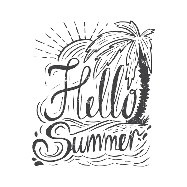 Citazione vintage disegnata a mano sull'estate: "Ciao estate". Lette a mano — Vettoriale Stock