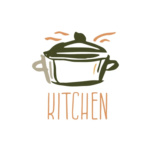 Hand getekende logo met keuken pan. Vector illustratie — Stockvector