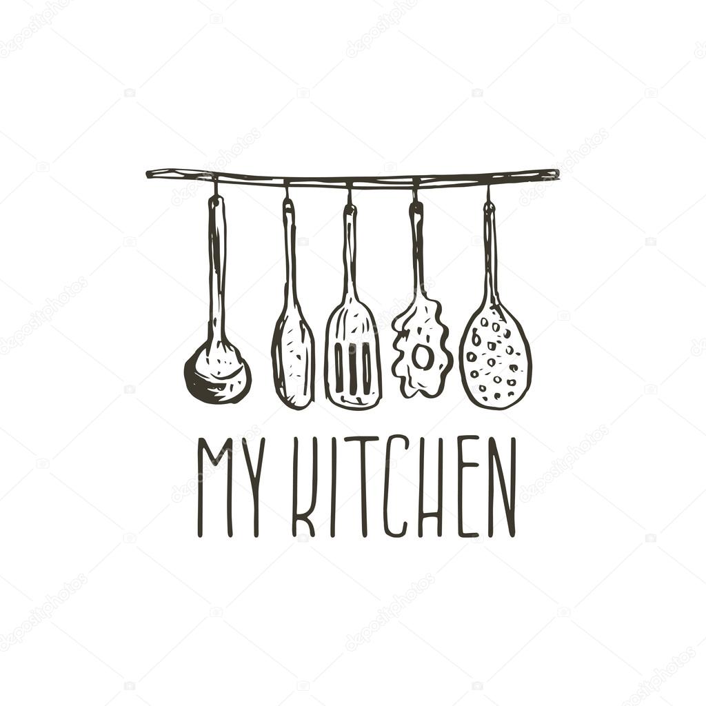 Concept hand drawn logo illustration for themed kitchen with utensils. Vector template