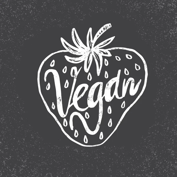 Fresa dibujada a mano con texto vegano sobre fondo grunge. Cura. — Vector de stock