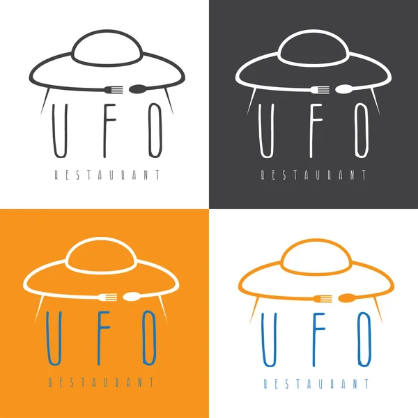 Nave espacial ufo con tenedor y cuchara, concepto restaurante vector de — Vector de stock