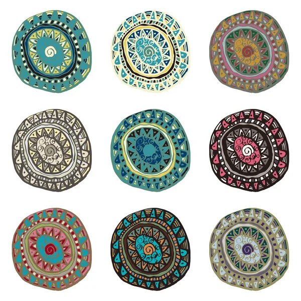 Ornamentos de arte indiana coloridos desenhados à mão em estilo boho tece um —  Vetores de Stock