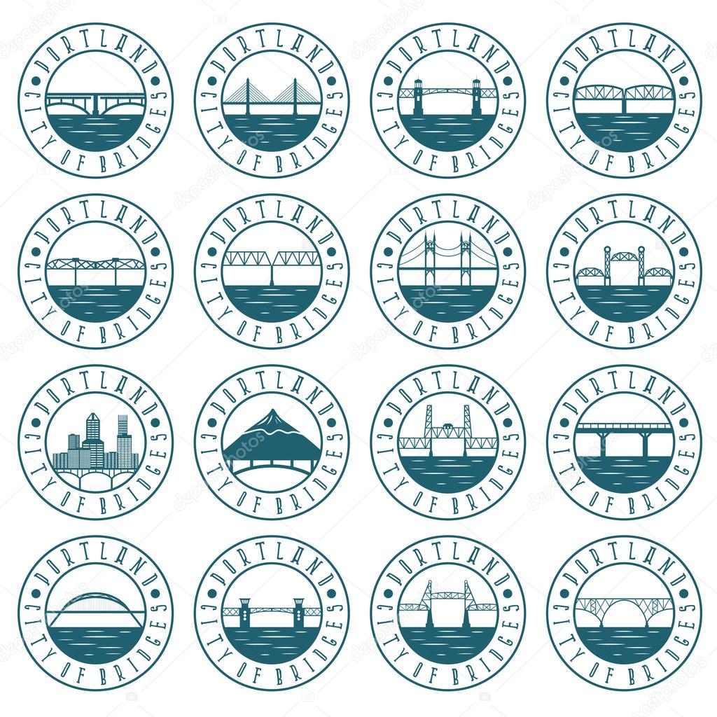 Vintage labels set of Portland , Oregon , USA . Retro emblems of bridges .