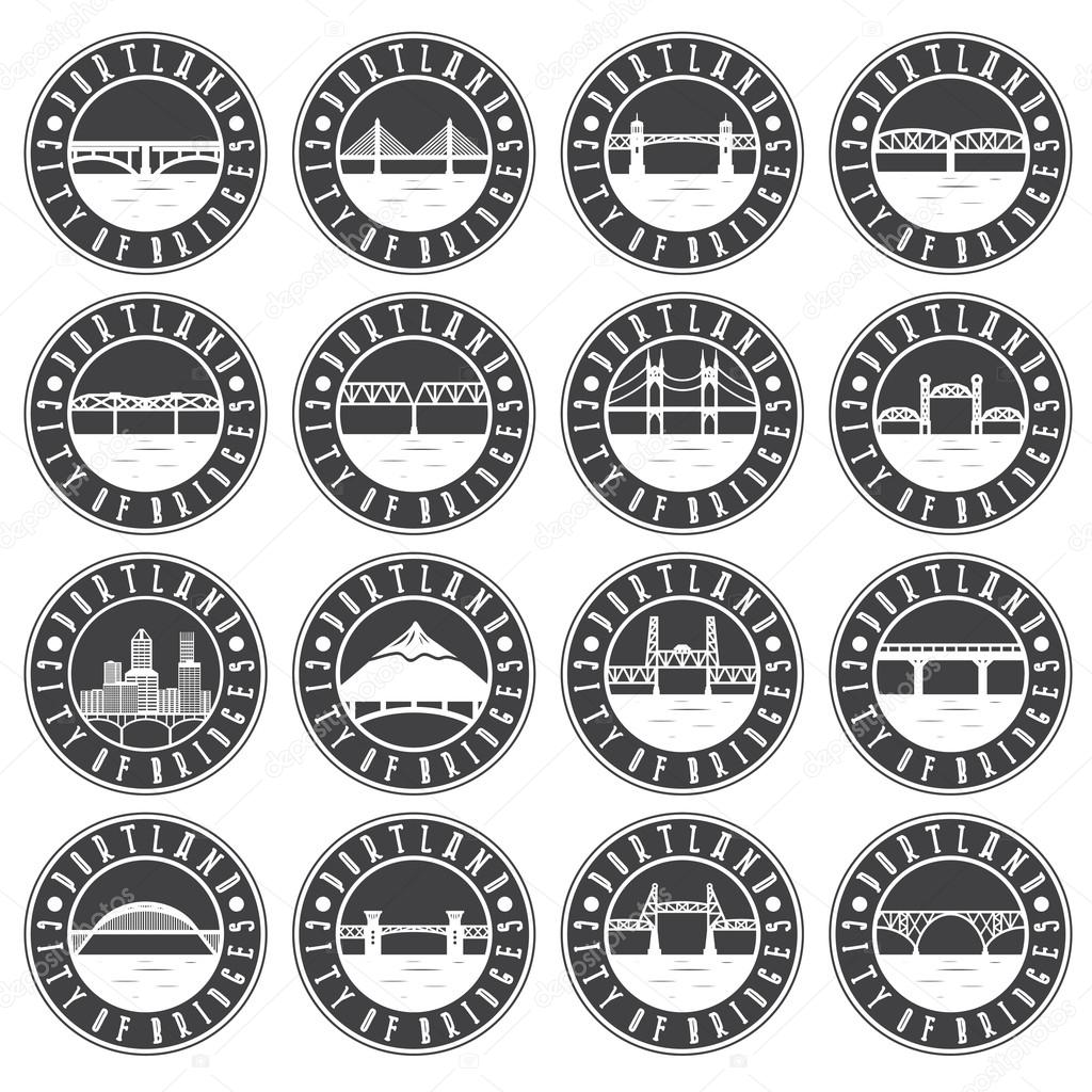 Vintage labels set of Portland , Oregon , USA . Retro emblems of bridges .