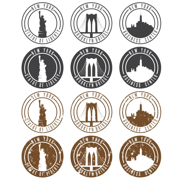 Vintage labels vector set with landmarks of New York City — Stock Vector