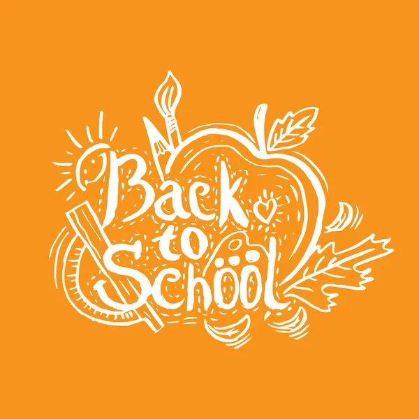 Tarjeta de felicitación de dibujo a mano "Back to School" con manzana, hoja, penc — Vector de stock