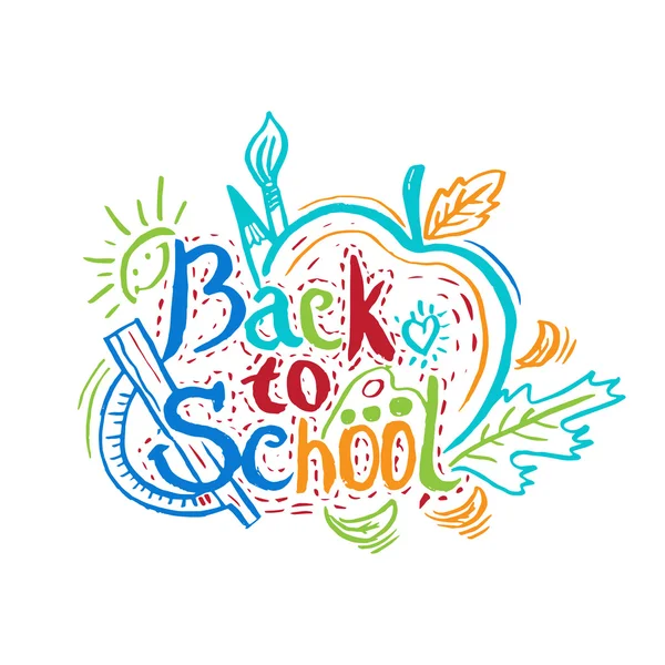 Tarjeta de felicitación de dibujo a mano "Back to School" con manzana, hoja, penc — Vector de stock