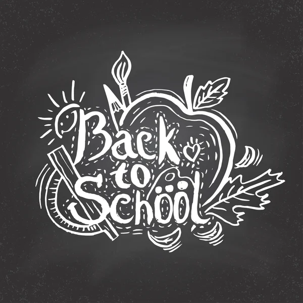 Tarjeta de felicitación de dibujo a mano "Back to School" con manzana, hoja, penc — Vector de stock