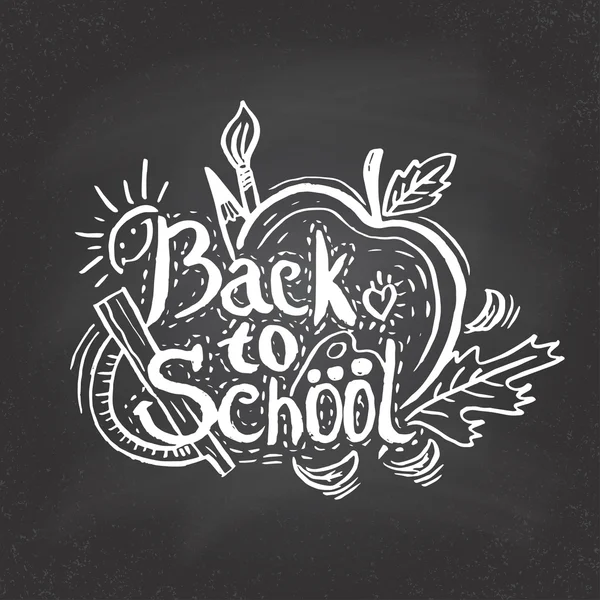 Tarjeta de felicitación de dibujo a mano "Back to School" con manzana, hoja, penc Gráficos vectoriales