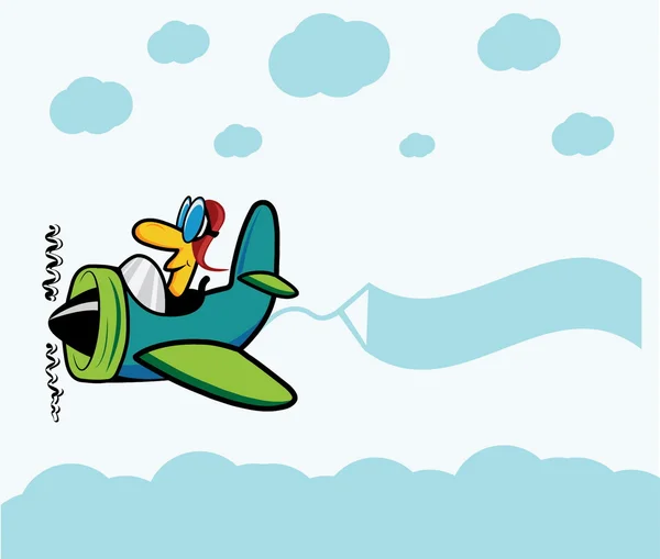 Cartoon Flugzeug mit Pilot, Wolken und Werbe-banner — Stockvektor