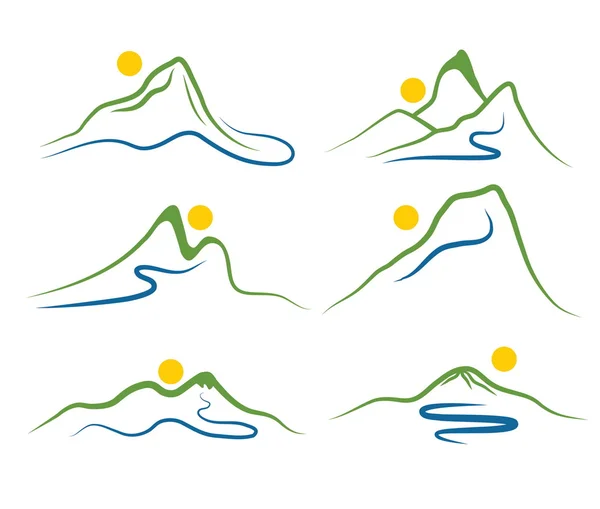 Conjunto de montañas y sol — Archivo Imágenes Vectoriales