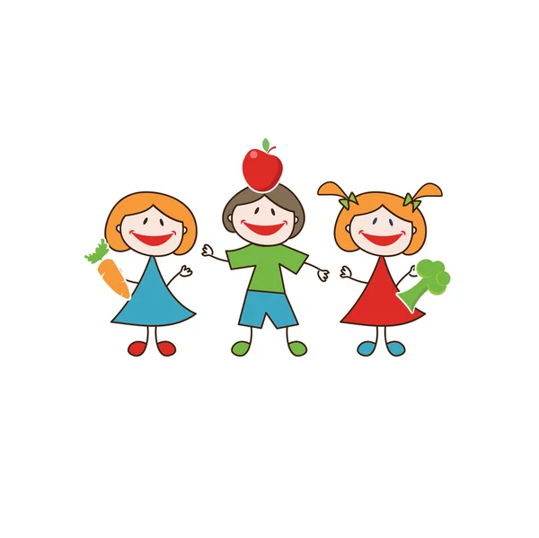 Doodle happy kids with fresh fruits and vegetables — Stock Vector