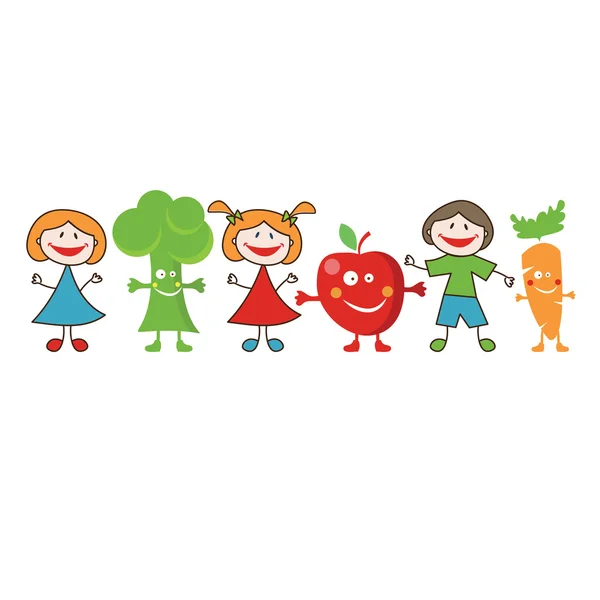 Doodle happy kids with fresh fruits and vegetables — Stock Vector