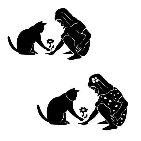 Ilustrace siluety dívka a kočka — Stockový vektor