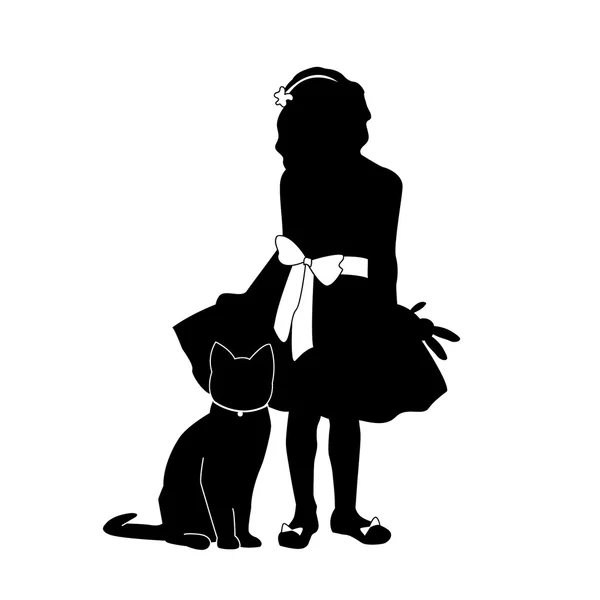 Illustrazione silhouette ragazza e gatto — Vettoriale Stock