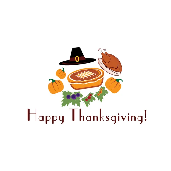 Happy thanksgiving illustration with pie,turkey, pilgrim hat and — Stock Vector