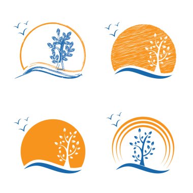 Soyut simgesi ağaç, güneş ve kuşlar. Vektör