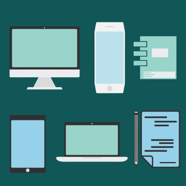 düz tasarım office öğeleri ve bilgisayar, tablet, dizüstü bilgisayar ve sma