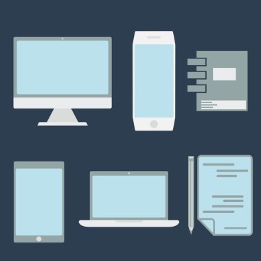düz tasarım office öğeleri ve bilgisayar, tablet, dizüstü bilgisayar ve sma
