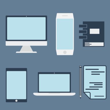 düz tasarım office öğeleri ve bilgisayar, tablet, dizüstü bilgisayar ve sma