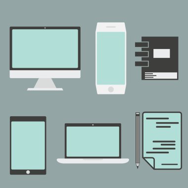 düz tasarım office öğeleri ve bilgisayar, tablet, dizüstü bilgisayar ve sma