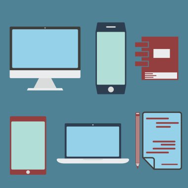 düz tasarım office öğeleri ve bilgisayar, tablet, dizüstü bilgisayar ve sma