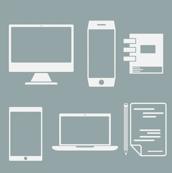 Elementos de escritório de design plano e computador, tablet, laptop e sma — Vetor de Stock
