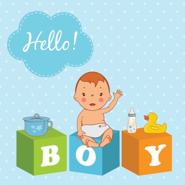 Illustration of cute  baby boy with children bricks. Vector clipart