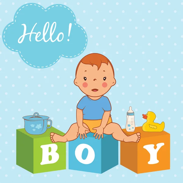 Illustratie van schattige babyjongen met kinderen bakstenen. Vector — Stockvector