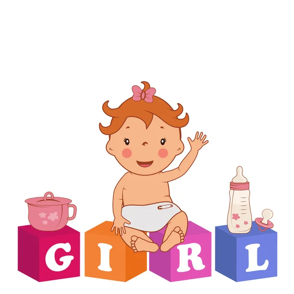 Illustration of cute  baby girl with children bricks. Vector — Stock Vector