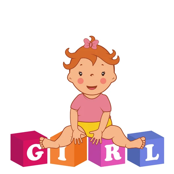 Illustration of cute  baby girl with children bricks. Vector — Stock Vector