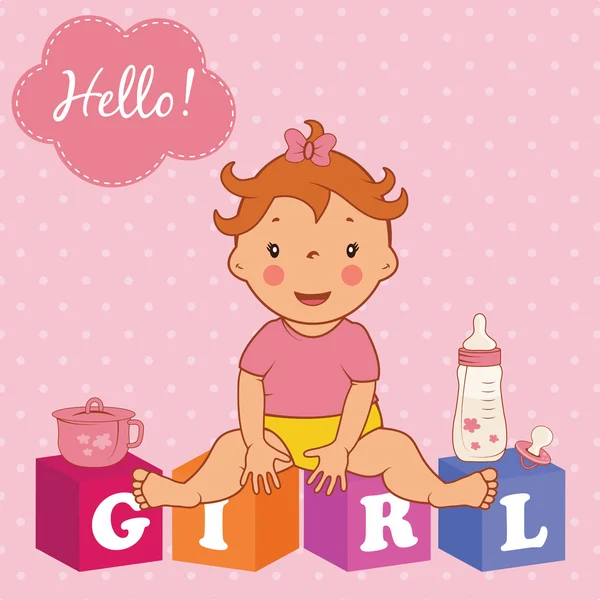 Illustration of cute  baby girl with children bricks. Vector — Stock Vector