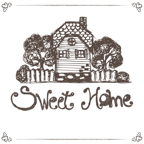 Illustratie van hand tekenen huis met tekst home sweet home. VEC — Stockvector