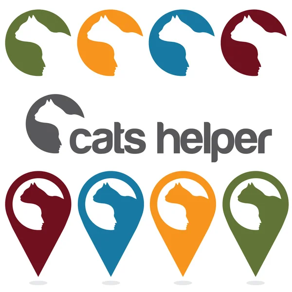 Gatto helper modello di progettazione vettoriale, pin e icone web set — Vettoriale Stock