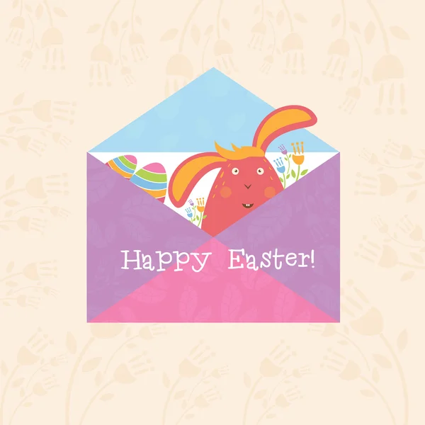 Concept Happy Easter envelope with flowers,bunny and eggs. Vecto — Stock Vector